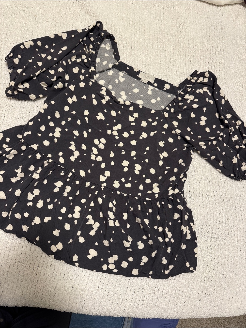 LOFT Dark Grey Peplum Top with Cream Dot Print